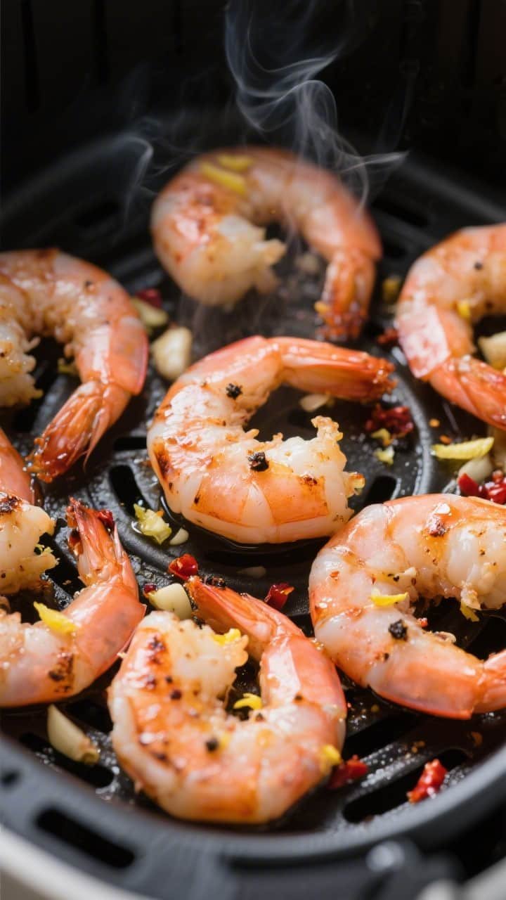 Cooking process, close-up detail: Close-up of sizzling air-fried garlic shrimp in a preheated air fr