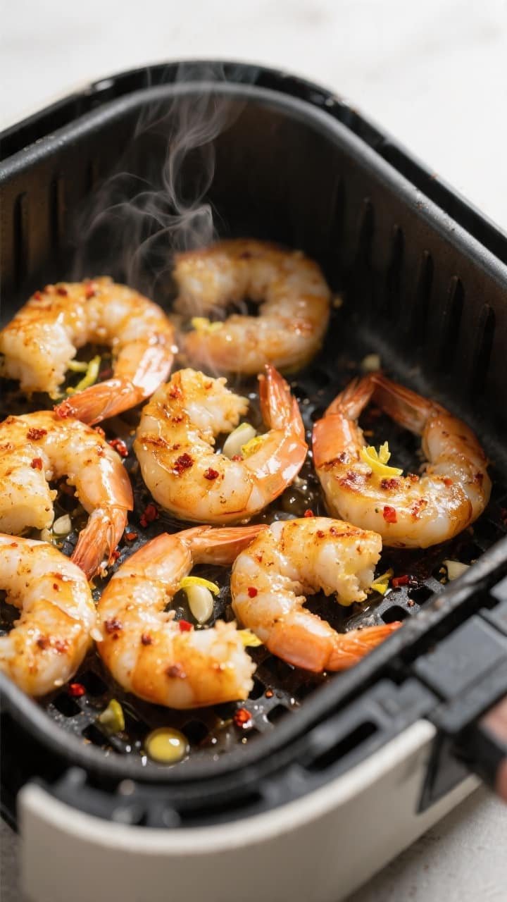 Cooking process, close-up detail: Golden, air-fried garlic butter shrimp mid-cook in an open air fry
