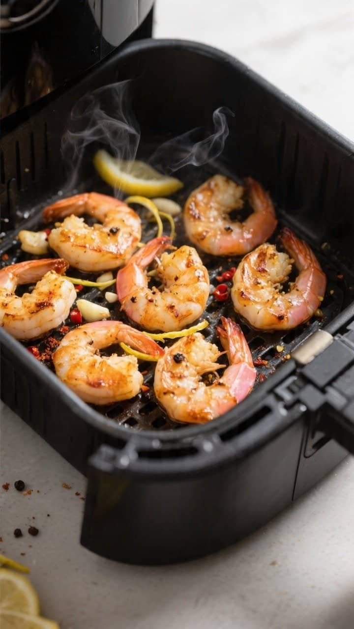 Cooking process, close-up detail: Golden, air-fried lemon garlic shrimp sizzling in an open preheate