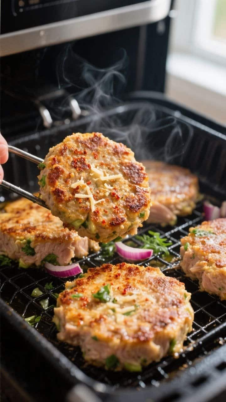 Cooking process, close-up detail: Golden keto tuna patties sizzling in an open air fryer basket at 3