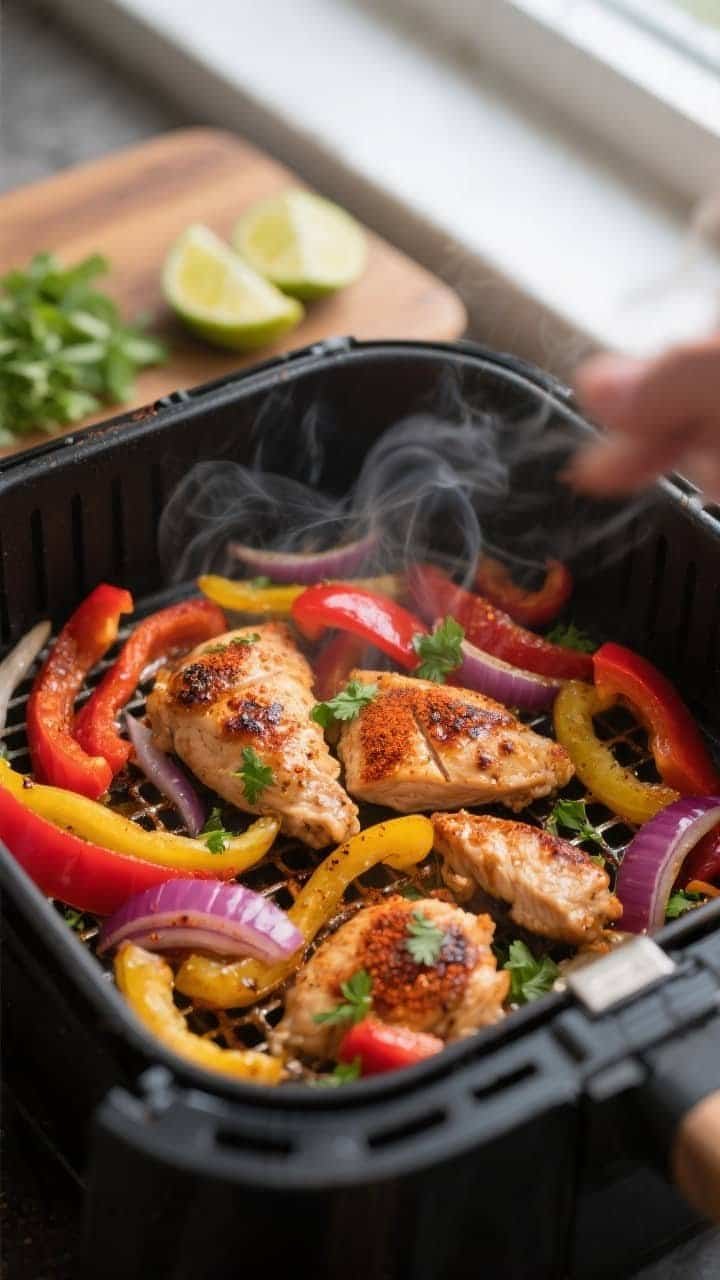 Cooking process, close-up detail: Juicy air-fried chicken fajita strips and tender-crisp bell pepper