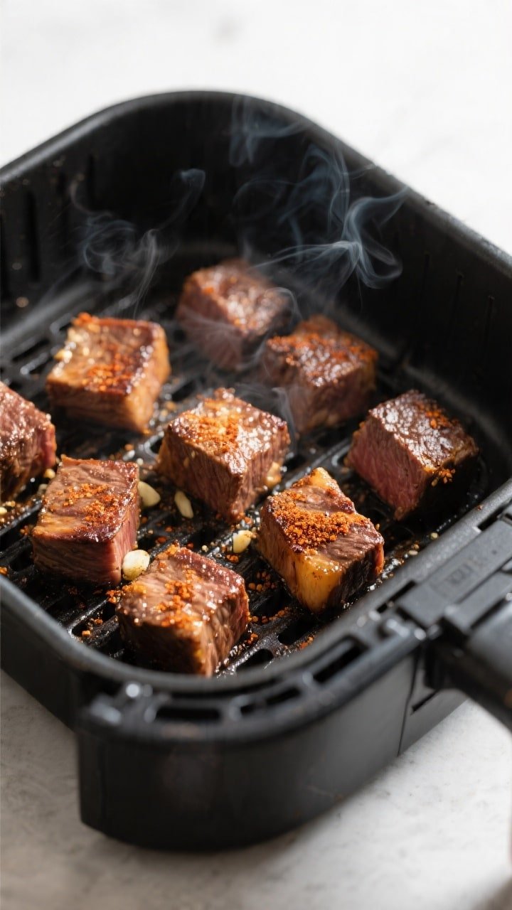 Cooking process, close-up detail: Sizzling air-fried BBQ steak bites mid-cook in an open air fryer b
