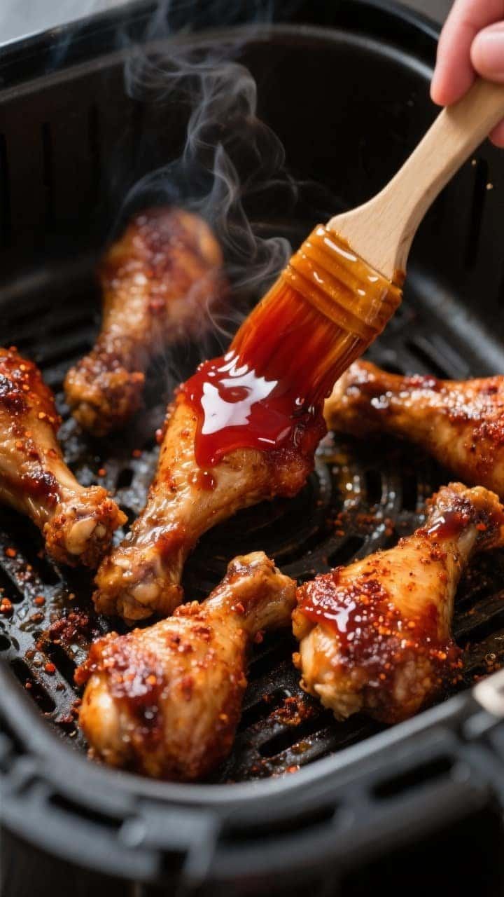 Cooking process, close-up detail: Ultra-close shot of air-fried BBQ chicken drumettes just after the