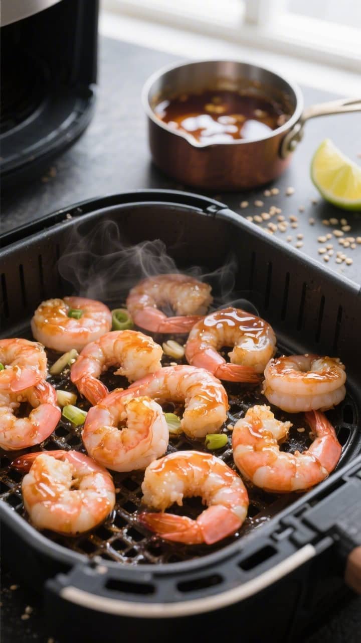 Cooking process close-up: Glossy honey-garlic shrimp just out of the air fryer in a single layer, pi