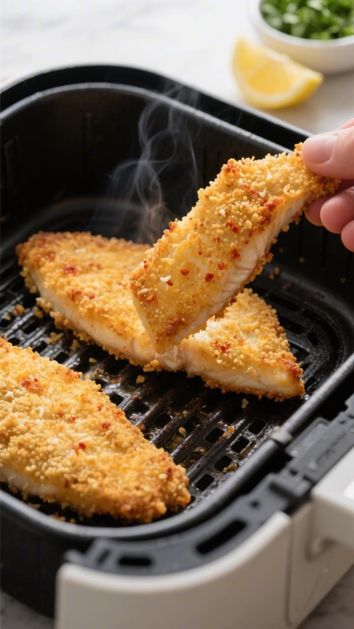 Cooking process close-up: Golden, breadcrumb-crusted basa fillets sizzling in a preheated air fryer 