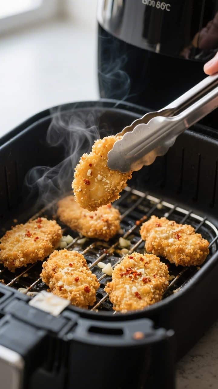 Cooking process close-up: Golden, breaded chicken nuggets sizzling in a preheated air fryer basket a