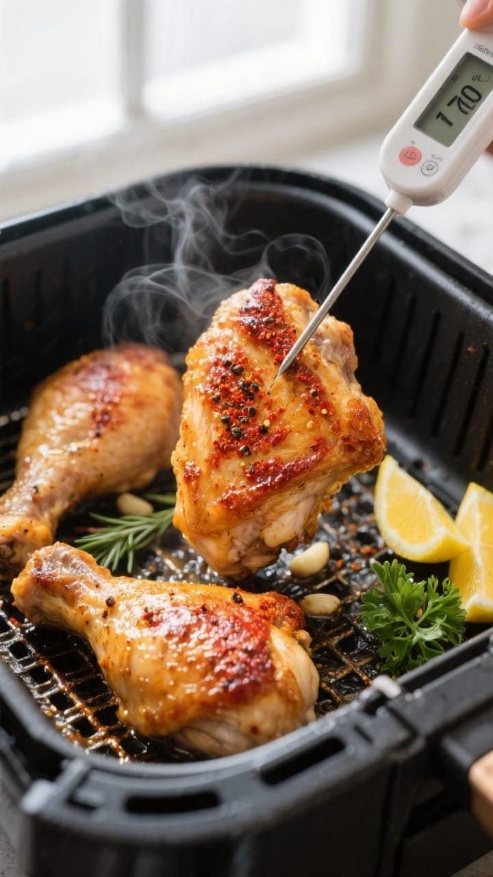 Cooking process close-up: Golden-brown, skin-on chicken thighs sizzling in an open air fryer basket