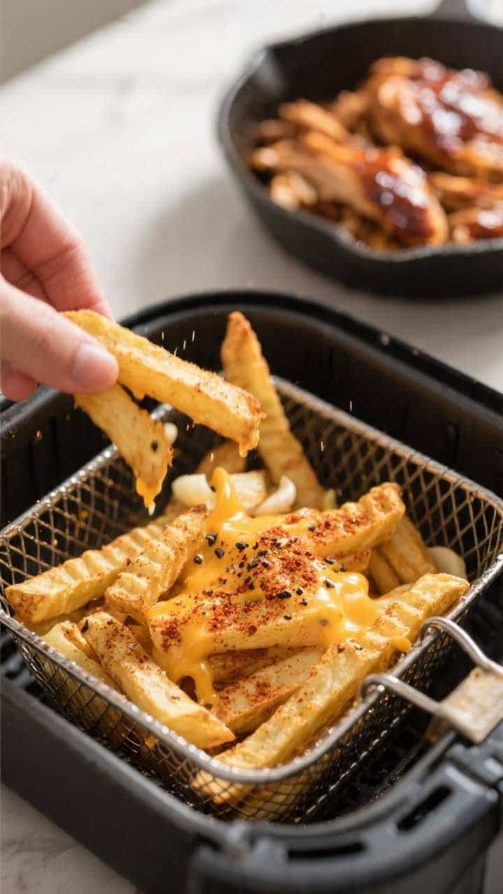Cooking process close-up: Golden, deeply crisped air-fried French fries in an air fryer basket mid-s
