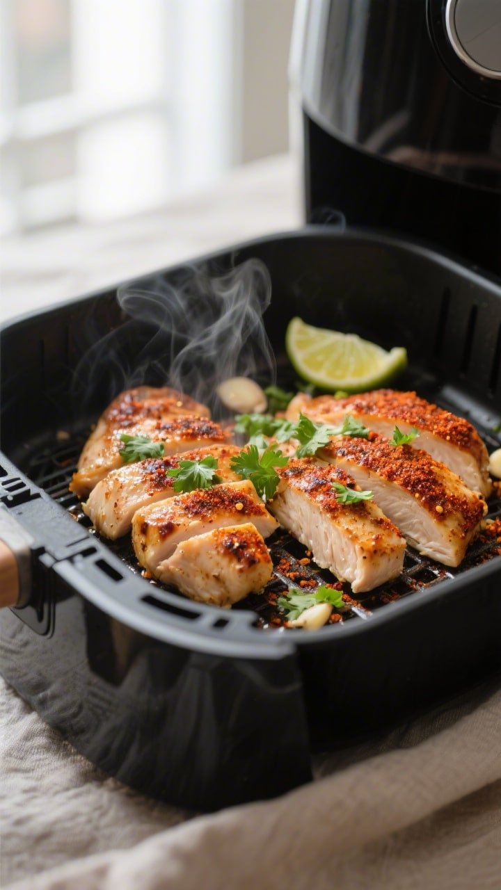 Cooking process close-up: Juicy air-fried chicken breast just pulled from the basket at 380°F, slic