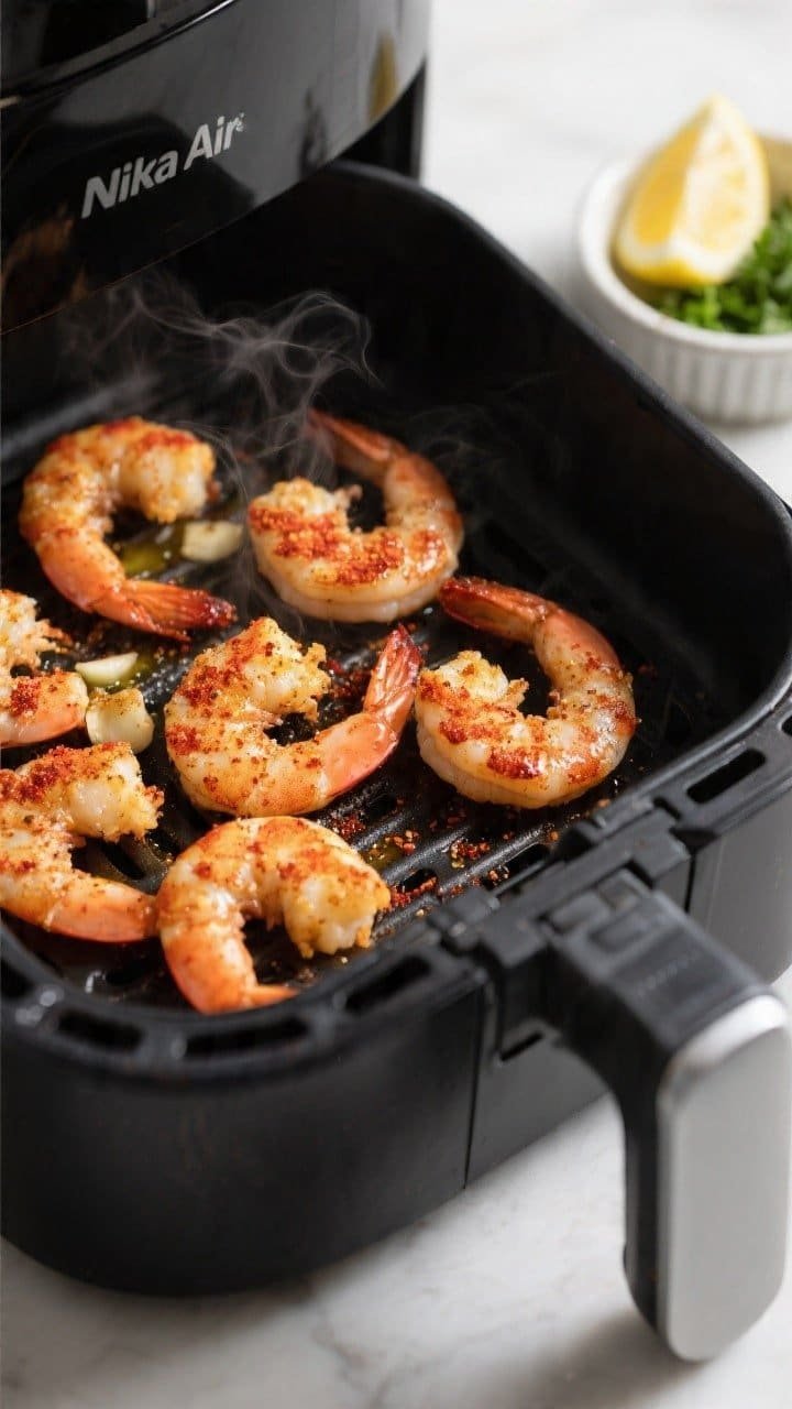 Cooking process close-up: Ninja air fryer basket with a single-layer of seasoned, cooked shrimp at t