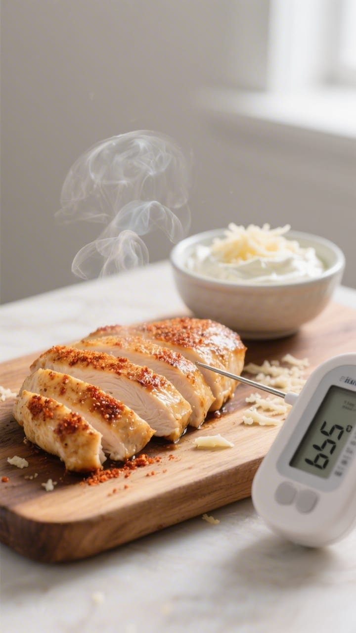Cooking process close-up: Sliced air-fried chicken breast resting on a wooden board just after cooki