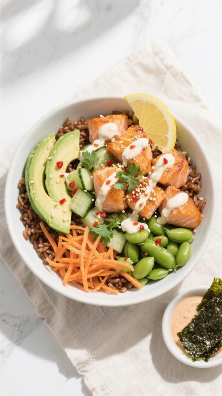 Final bowl overhead: Healthy air fryer salmon bites lunch bowl beautifully composed—warm brown ric