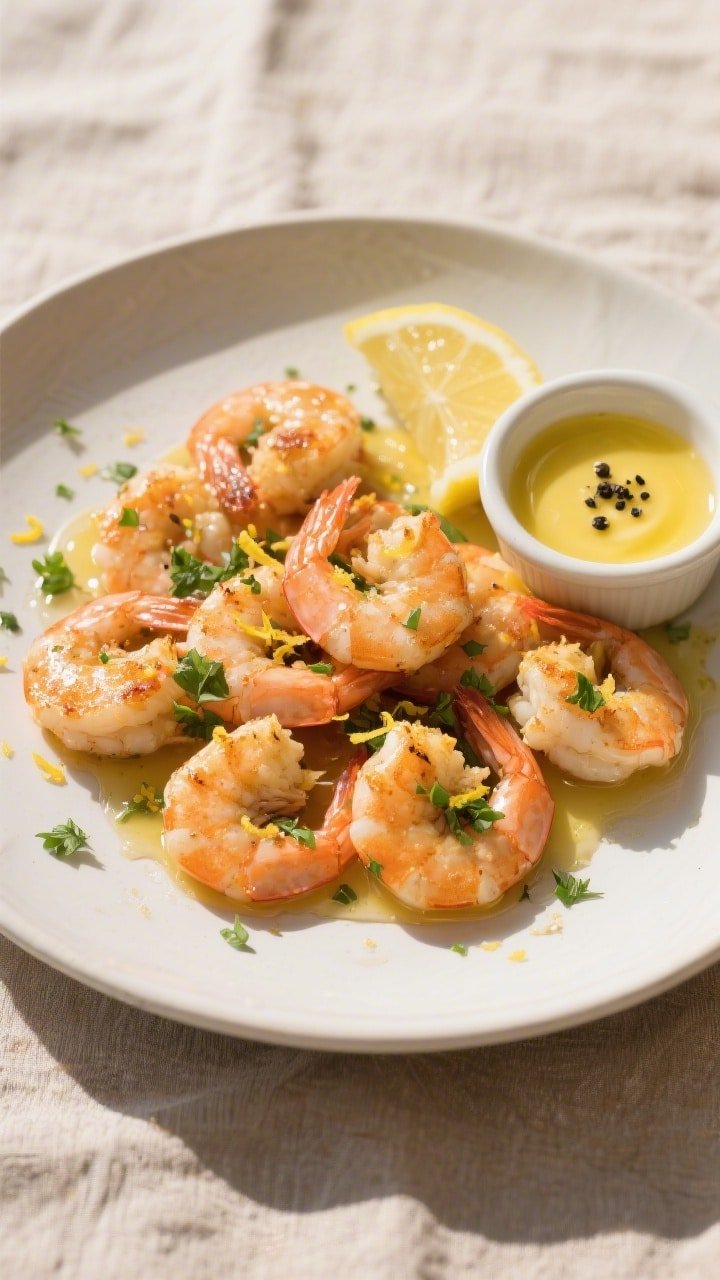 Final dish overhead: Classic air fryer shrimp plated on a matte white shallow bowl over lemony butte
