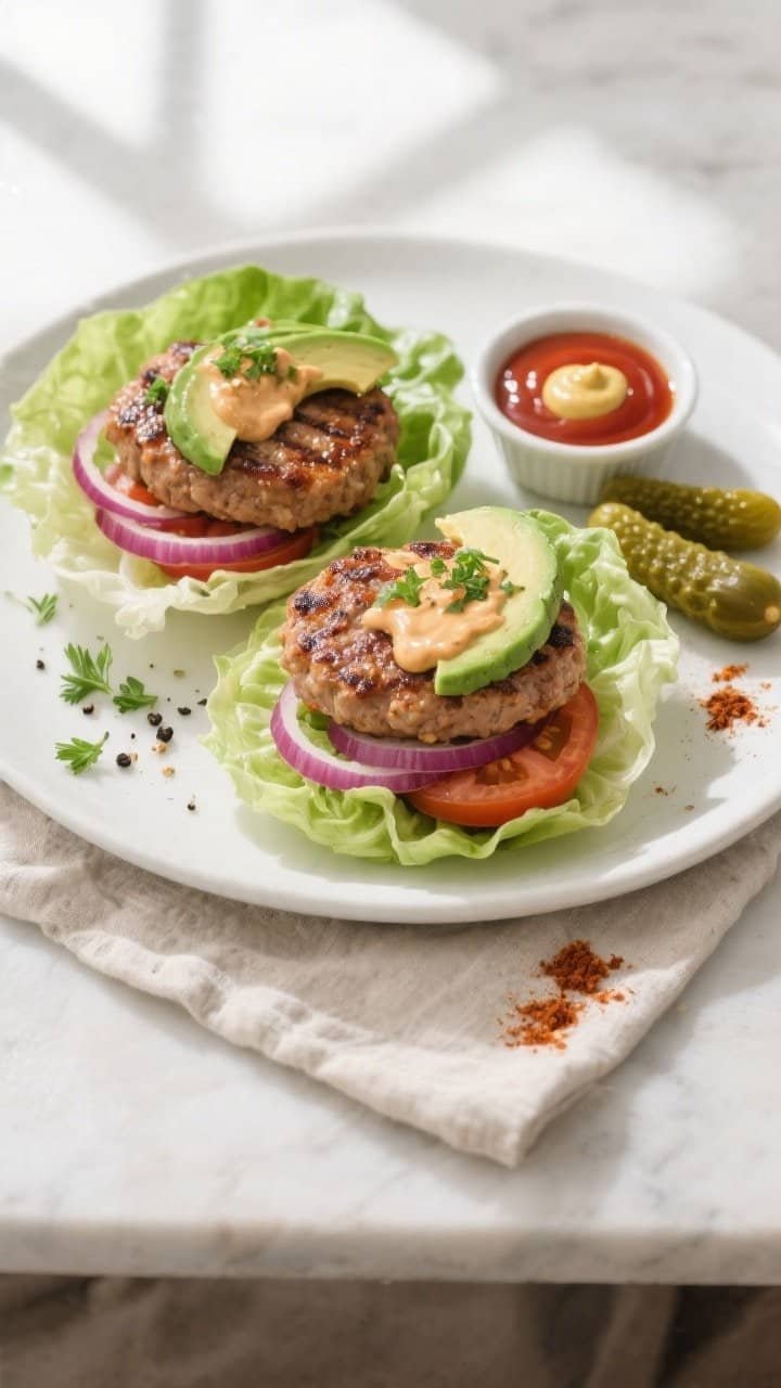 Final dish overhead: Keto air fryer turkey burgers served bunless in butter lettuce wraps on a matte