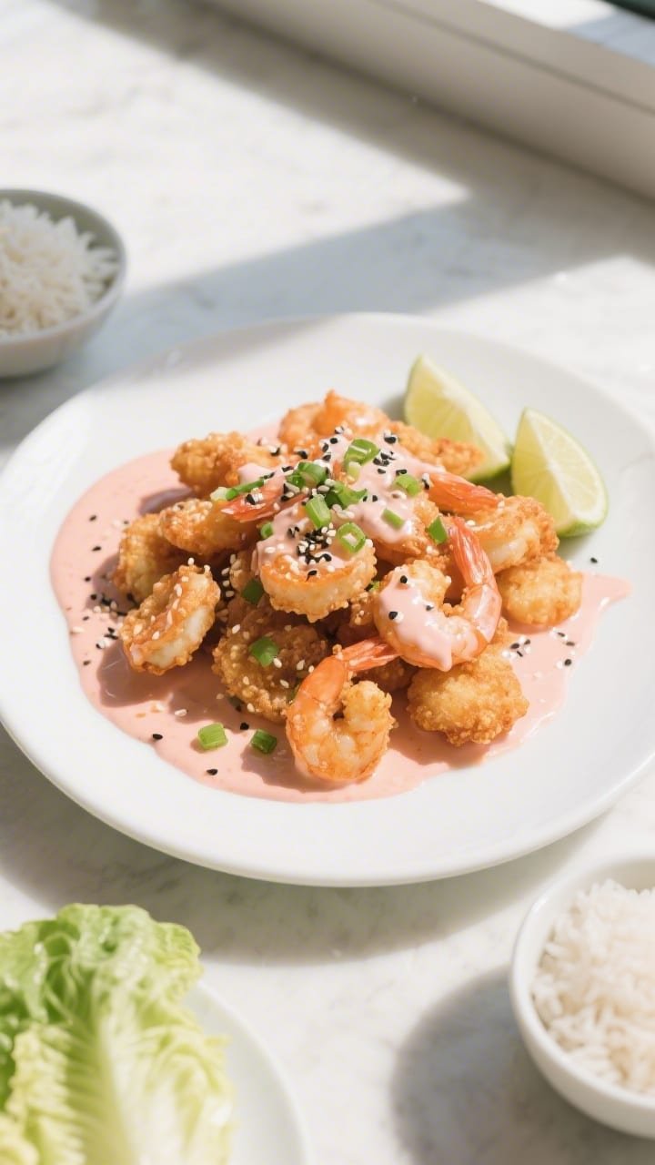 Final dish overhead: Plated Bang Bang Shrimp piled high on a wide white ceramic plate, lightly tosse