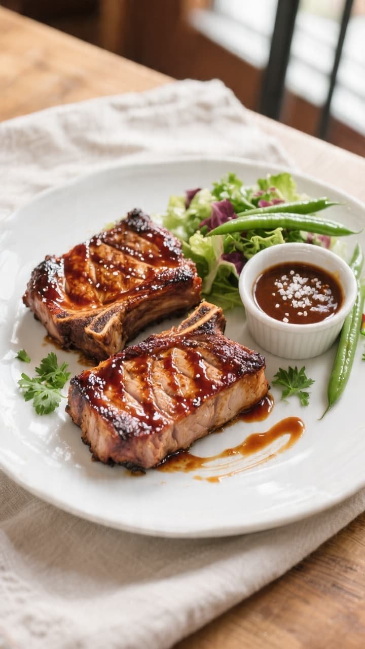 Final dish, overhead plated shot: Two air-fried BBQ pork chops with a deep mahogany glaze and light 