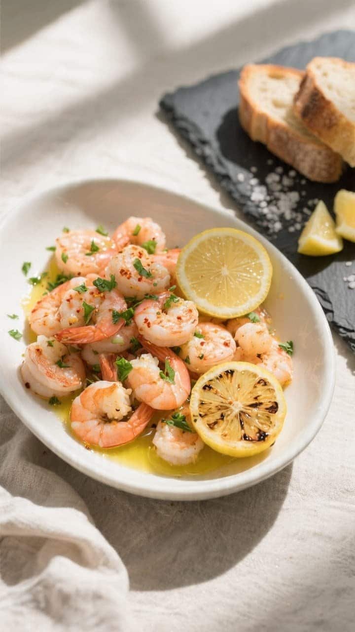 Final dish, overhead presentation: Overhead shot of garlic butter air fryer shrimp piled in a shallo