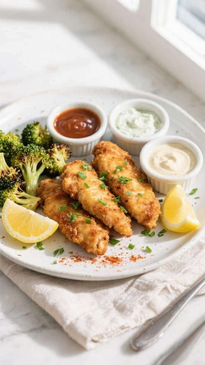Final dish/overhead presentation: Tasty top-down shot of plated keto air fryer chicken tenders on a