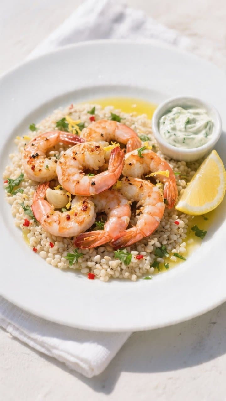 Final dish, : Overhead shot of beautifully plated Healthy Lemon Garlic Shrimp on a white, wide-rimme