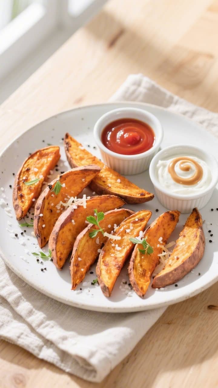 Final dish overhead: Tasty top-down shot of air fryer sweet potato wedges arranged in a neat fan on 