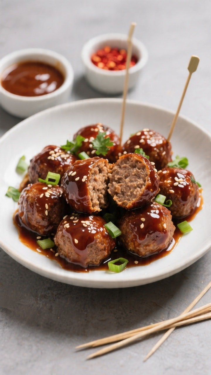 Final dish overhead: Tasty top-down shot of glossy BBQ-glazed meatballs piled in a matte white shall