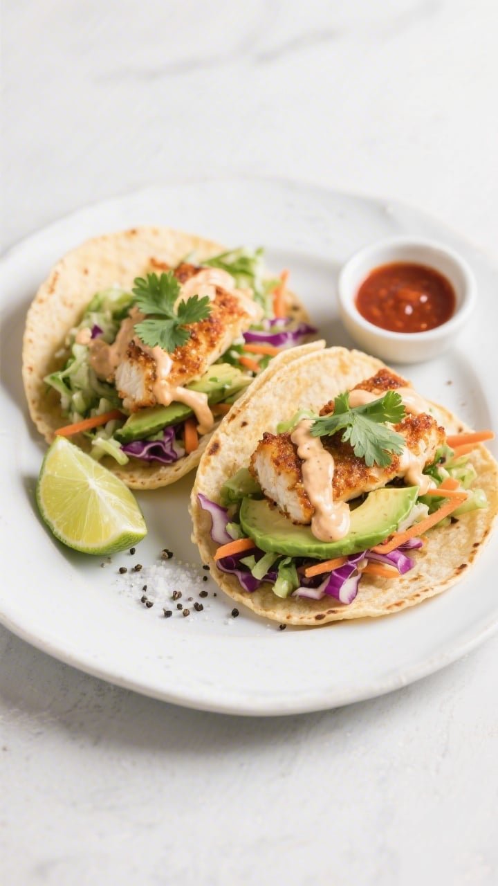 Final dish, overhead: Tasty top-down shot of two assembled air fryer fish tacos on a matte white pla
