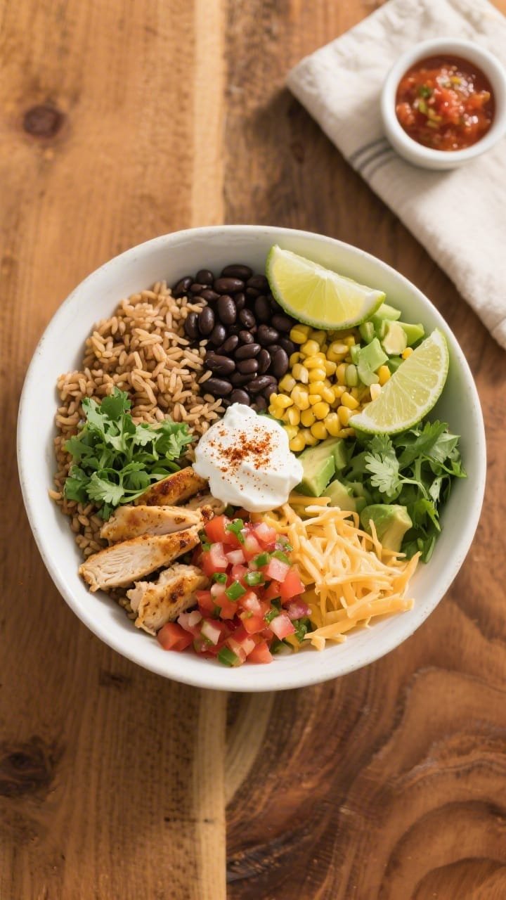 Final dish overhead: Tasty top-view burrito bowl arranged in neat sections—cilantro-lime brown ric