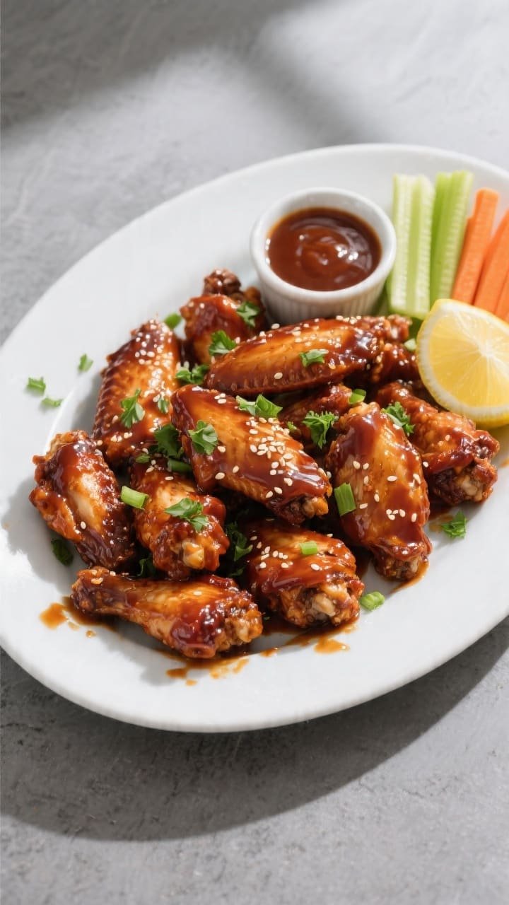 Final dish, overhead top view: A heaping platter of saucy, caramelized Air Fryer BBQ Chicken Wings t