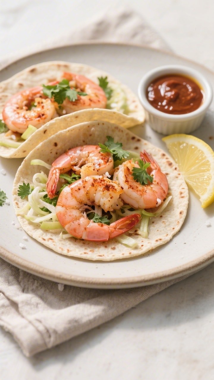 Final dish, tasty top view: Overhead shot of 10-minute air fryer shrimp piled onto warm tortillas fo