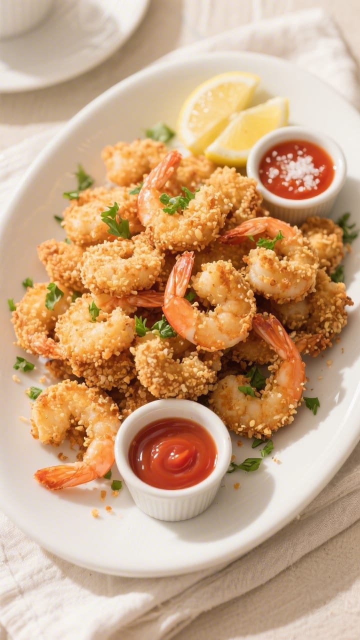 Final dish, tasty top view: Overhead shot of a platter of air-fried panko shrimp piled high, intense