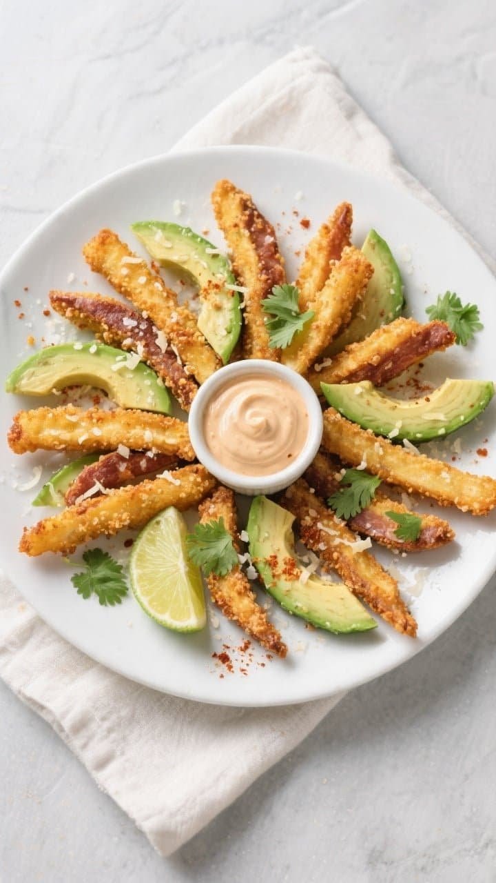 Final dish, tasty top view: Overhead shot of a restaurant-quality platter of air-fried keto avocado