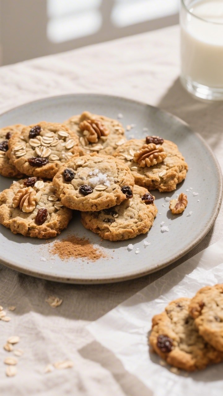 Final dish, tasty top view: Overhead shot of a small-batch plate of air fryer oatmeal raisin cookies