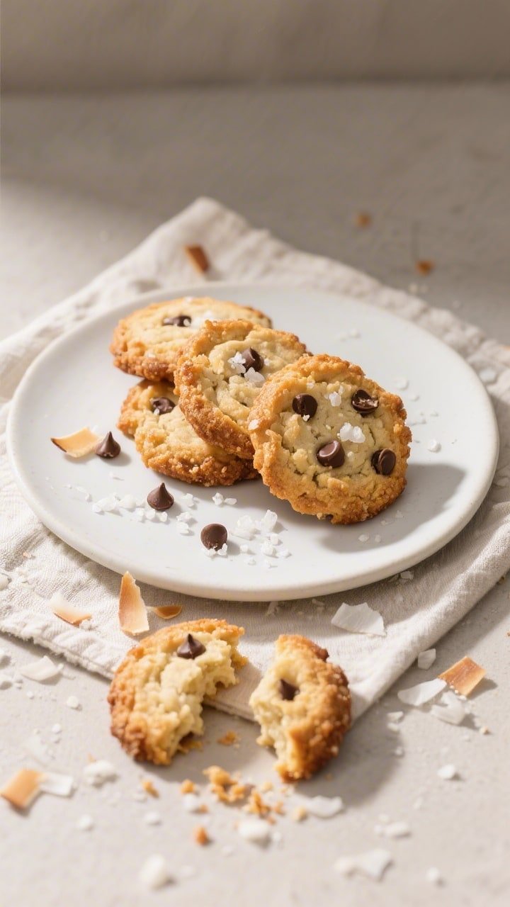 Final dish, tasty top view: Overhead shot of a small-batch plate of air fryer coconut cookies with c