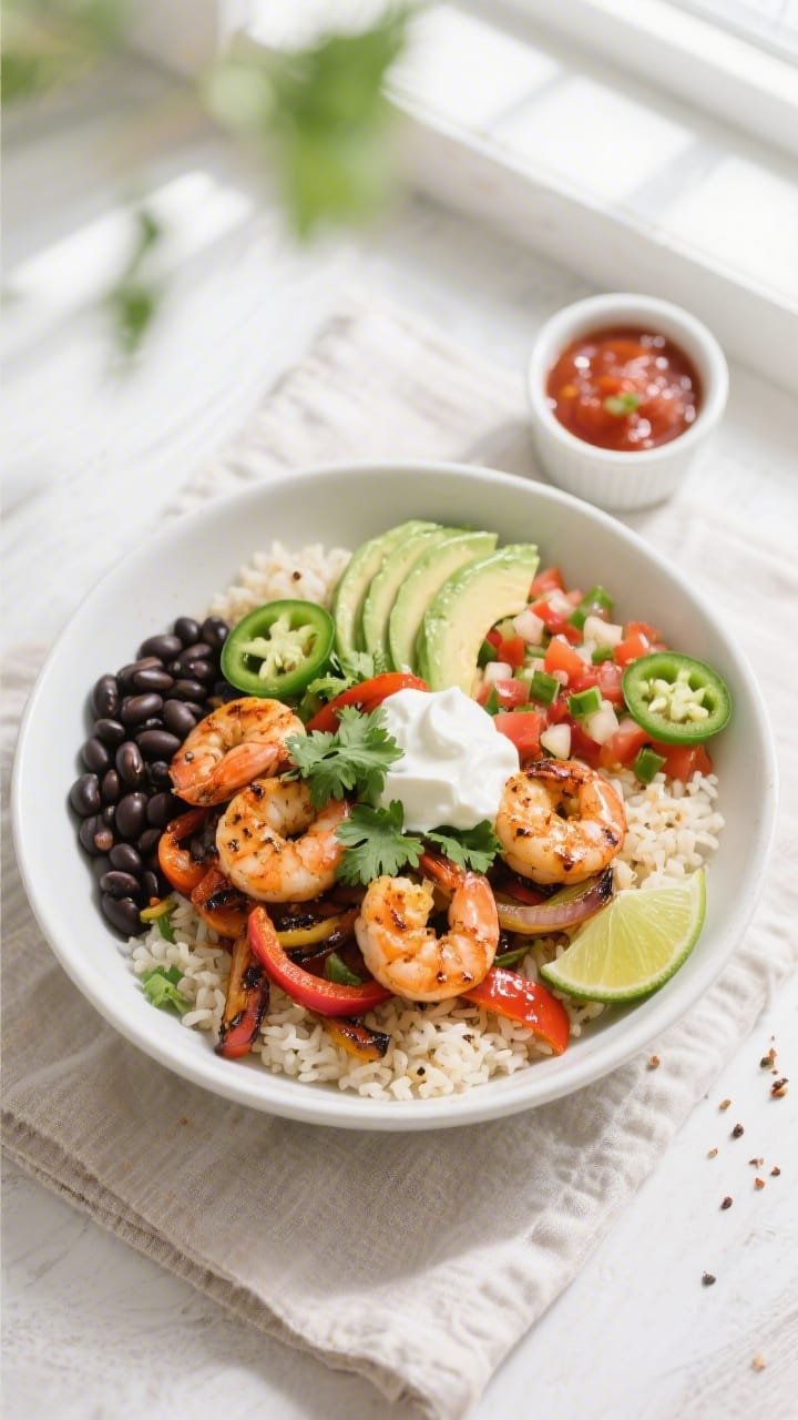 Final dish, tasty top view: Overhead shot of a vibrant Air Fryer Shrimp Fajita Bowl arranged in a wi