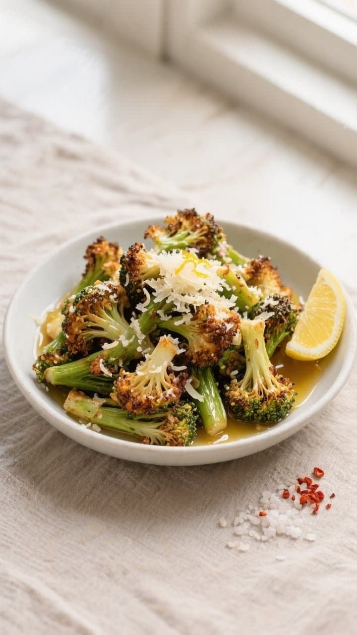 Final dish, tasty top view: Overhead shot of a warm serving bowl piled high with air-fried broccoli