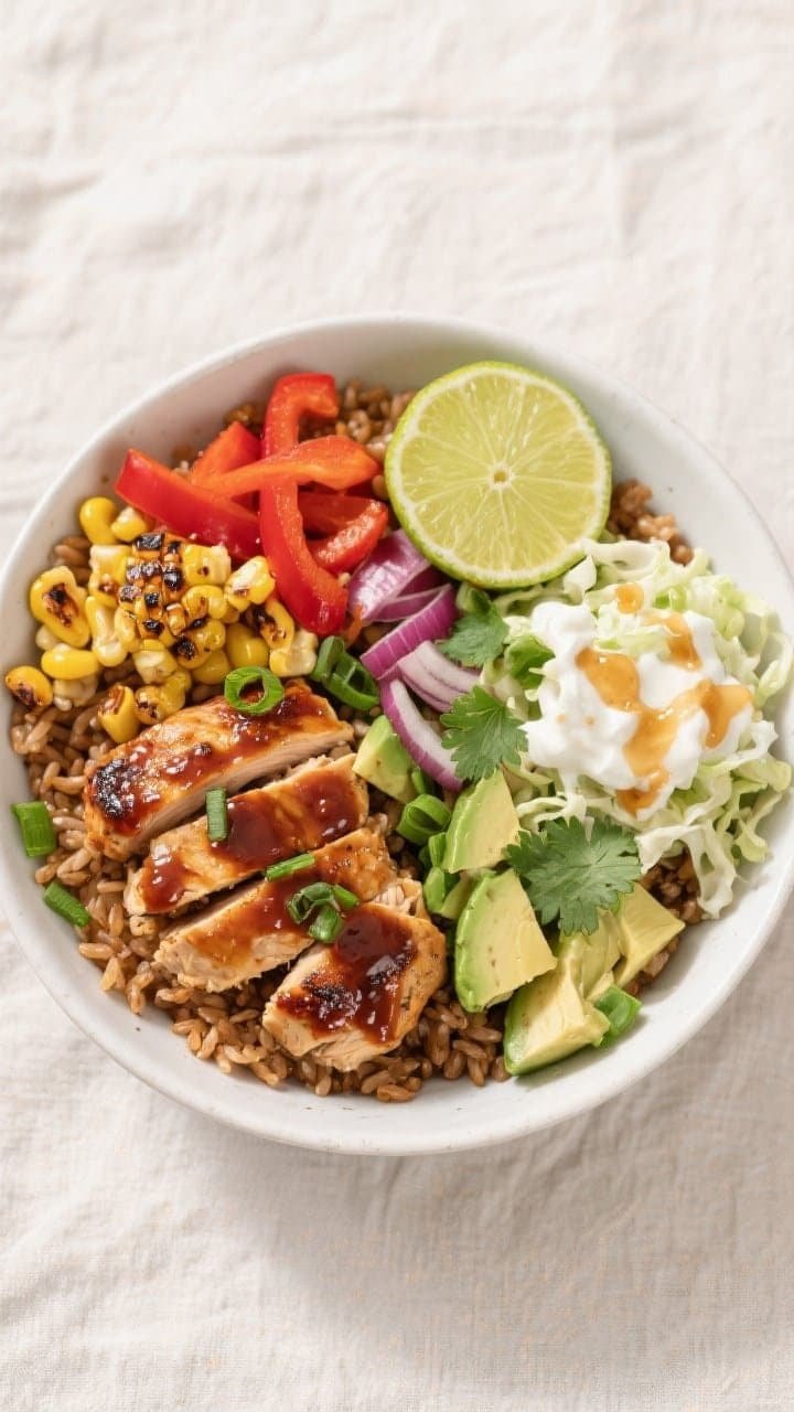 Final dish, tasty top view: Overhead shot of Air Fryer BBQ Chicken Bowl beautifully assembled—fluf