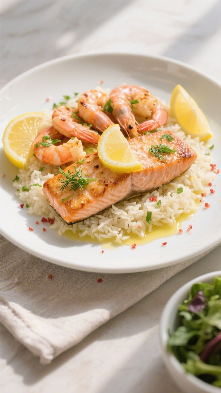 Final dish, tasty top view: Overhead shot of air-fried salmon and shrimp plated restaurant-style on 