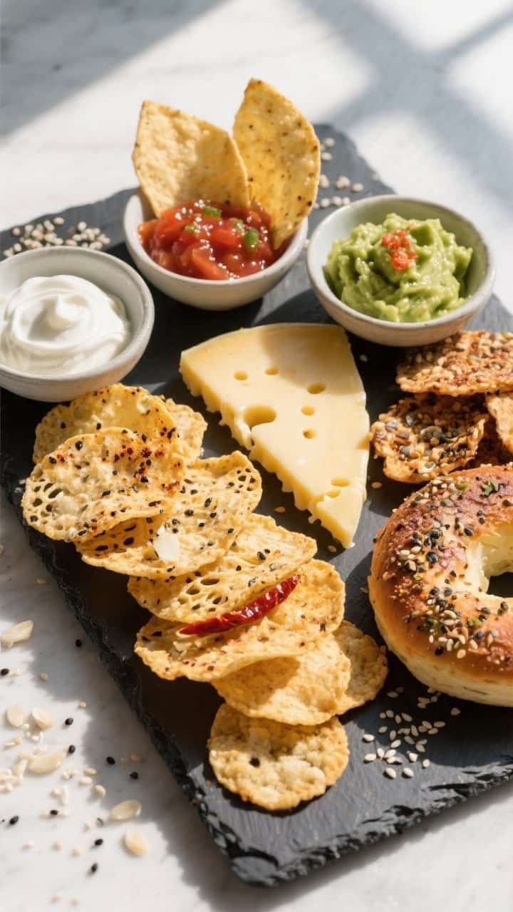 Final dish, tasty top view: Overhead shot of an assorted platter of keto cheese crisps—Parmesan la