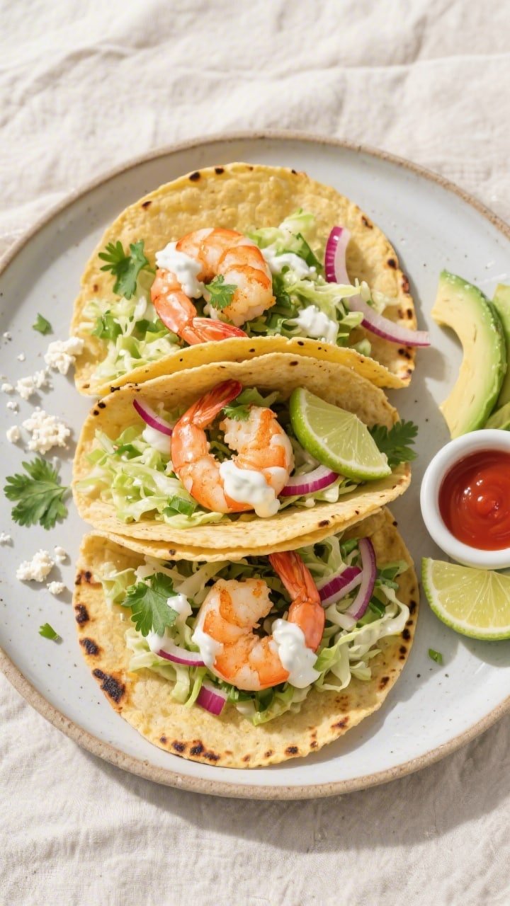 Final dish, tasty top view: Overhead shot of assembled air fryer shrimp tacos on a matte ceramic pla
