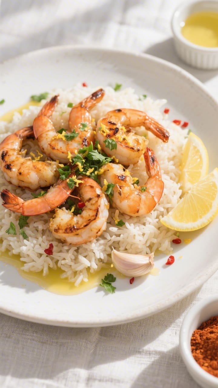 Final dish, tasty top view: Overhead shot of Easy Garlic Shrimp plated on warm jasmine rice with a d