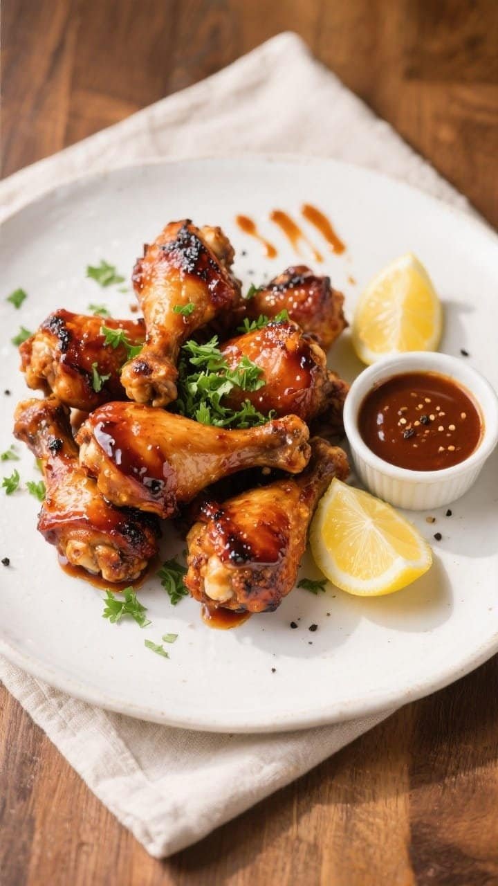 Final dish, tasty top view: Overhead shot of finished air fryer BBQ chicken drumettes piled on a whi
