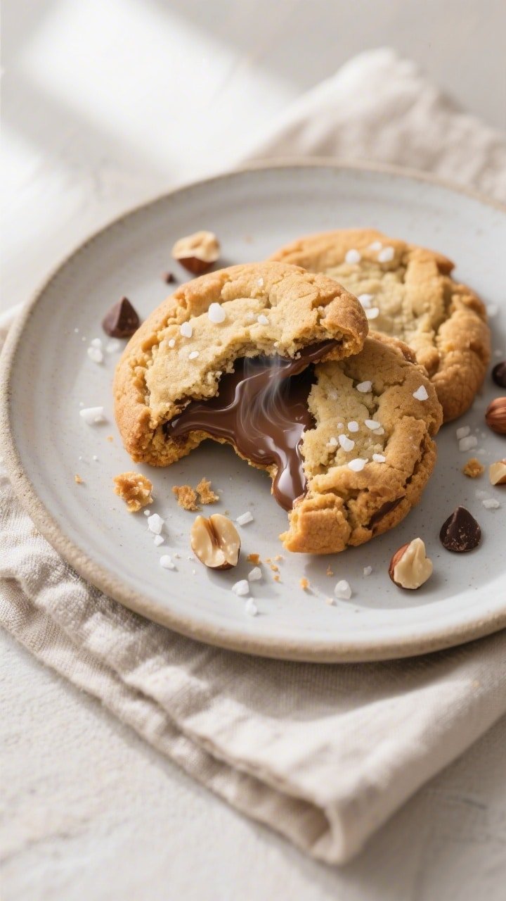 Final dish, tasty top view: Overhead shot of freshly air-fried Nutella stuffed cookies on a matte ce