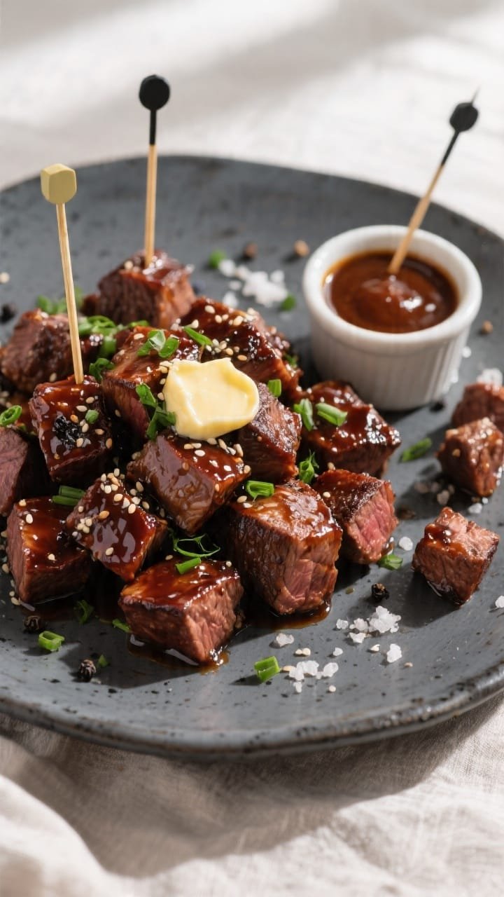 Final dish, tasty top view: Overhead shot of glossy BBQ-glazed steak bites piled on a warm charcoal-