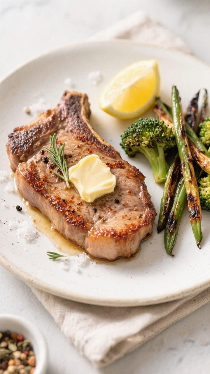 Final dish, tasty top view: Overhead shot of juicy keto air fryer pork chops resting on a warm white