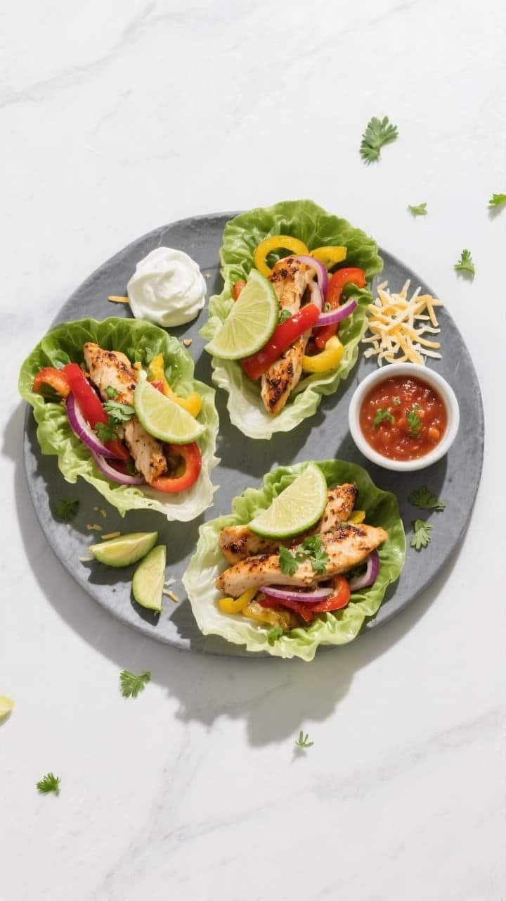 Final dish, tasty top view: Overhead shot of keto air fryer chicken fajitas plated as lettuce-wrap t