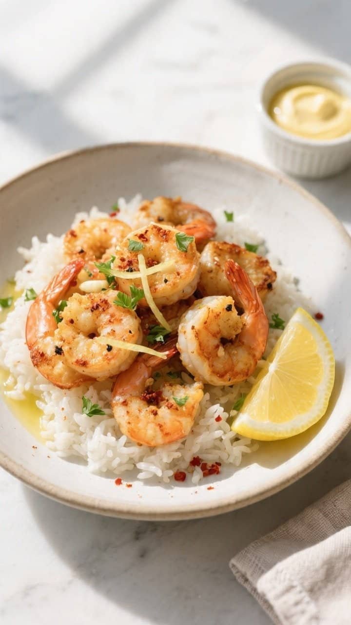 Final dish, tasty top view: Overhead shot of lemon-garlic butter air-fried shrimp piled over fluffy 