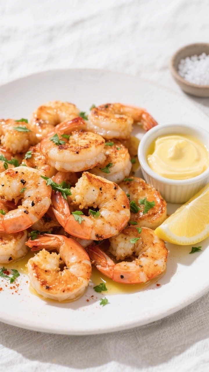 Final dish, tasty top view: Overhead shot of perfectly cooked air-fried shrimp piled on a matte whit