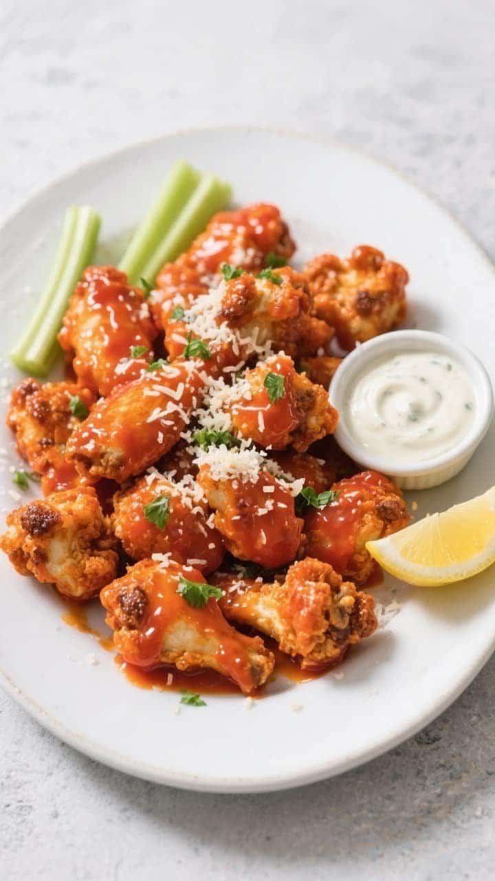 Final dish, tasty top view: Overhead shot of saucy buffalo keto cauliflower wings piled on a wide wh