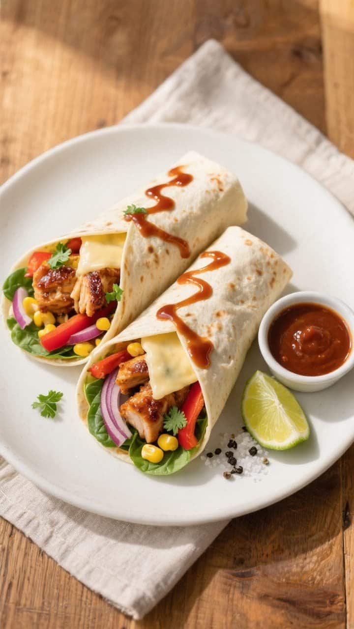 Final dish, tasty top view: Overhead shot of sliced Air Fryer BBQ Chicken Wraps arranged on a matte 