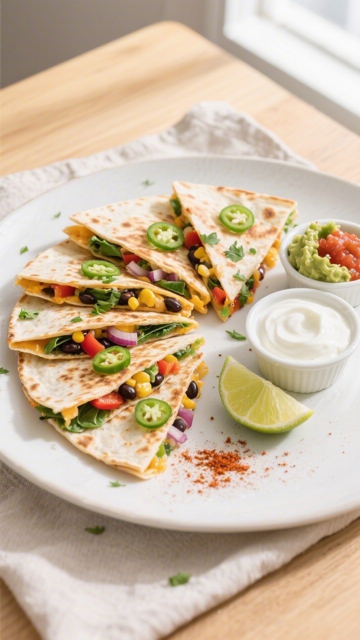 Final dish, tasty top view: Overhead shot of sliced air fryer veggie quesadillas arranged in a fan o